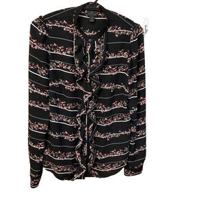 Worthington Blouse Women's Size S Floral Birds Print Long Sleeve Ruffle Career